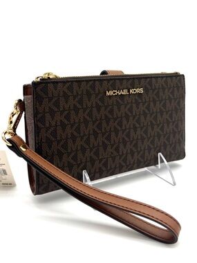 Michael Kors Large Jet Set Travel Logo Double Zip Wallet - Brown Signature